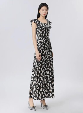 哥家商场同款2025夏优雅气质荷叶边方圆领修身丝滑连衣裙女150005