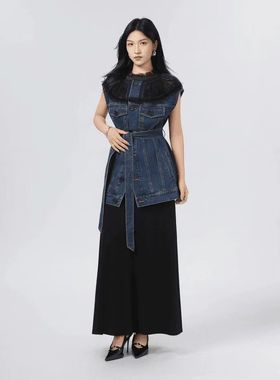 哥家商场同款2026春夏时尚复古百搭蕾丝宽松收腰牛仔外套女540004