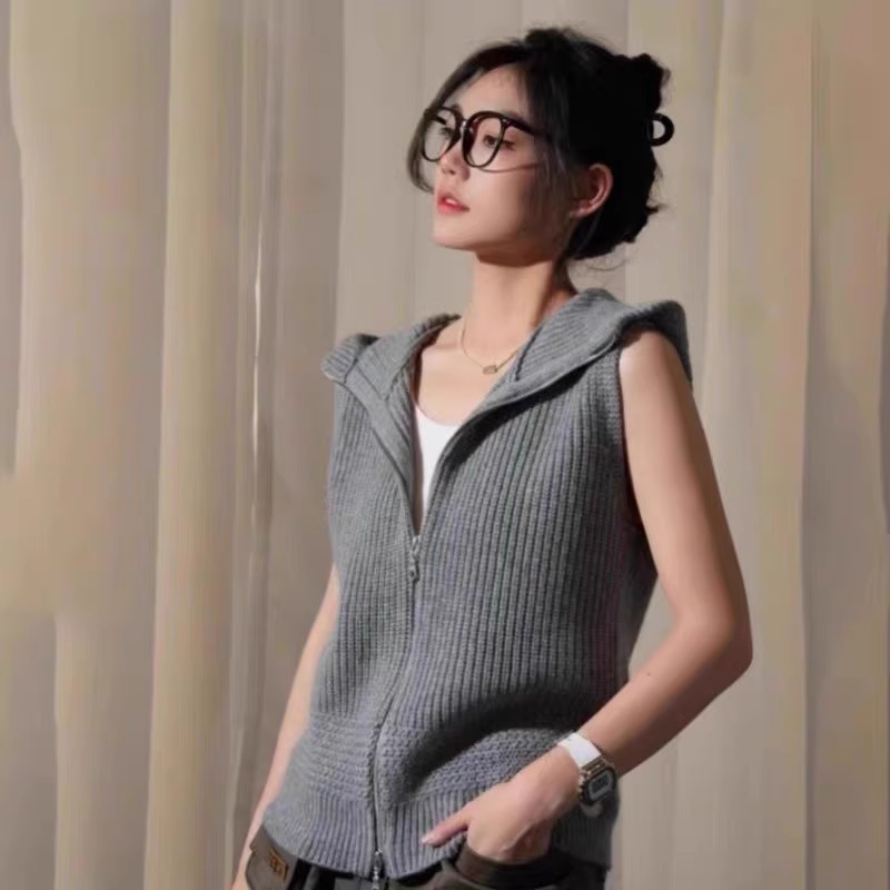 哥家新款商场同款女装2025秋季连帽羊毛针织拉链马夹背心5499273