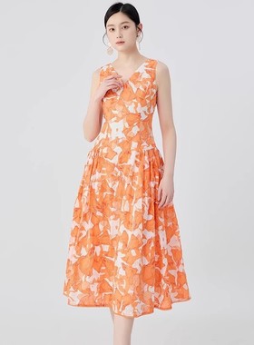 哥家连衣裙女V领无袖中长款印花裙子2025夏季新款气质收腰150029