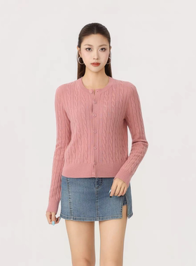 哥家商场同款麻花编织纹长袖针织开衫通勤气质羊毛上衣春秋148041