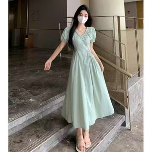 中长款 哥家商场同款 小众显白V领收腰泡泡袖 2025夏季 连衣裙女 新款