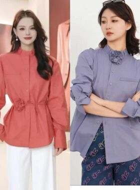 哥家商场同款2025秋冬新款立领纯棉长袖衬衫立体花朵装饰女130050