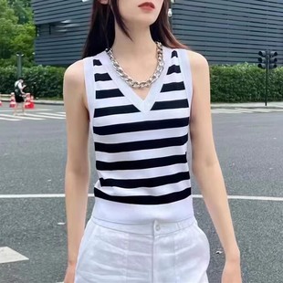 上衣5399516 哥家商场同款 2025夏季 新款 条纹V领针织吊带背心女无袖