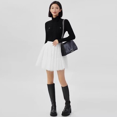 哥家商场同款百搭气质2025秋冬新款羊毛双拉链针织开衫女A400975