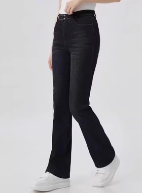 哥家商场同款2025秋冬高腰显瘦休闲弹力植绒微喇牛仔裤女1100462