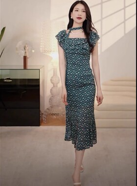 哥家商场同款2025夏季新款显瘦收腰短袖开叉碎花连衣裙女裙150025