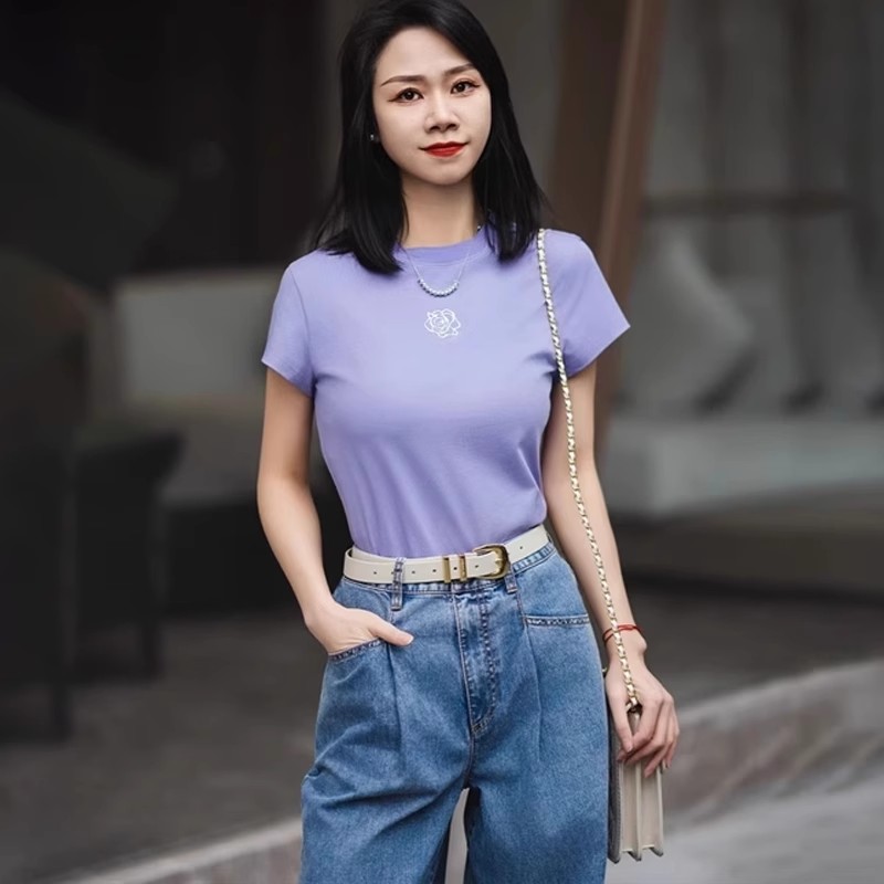 哥家商场同款25夏季新款山茶花修身纯棉短袖T恤女显瘦上衣1300996