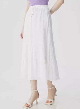 哥家商场同款2025夏季白色百褶裙松紧腰蛋糕长裙半身裙子1200355