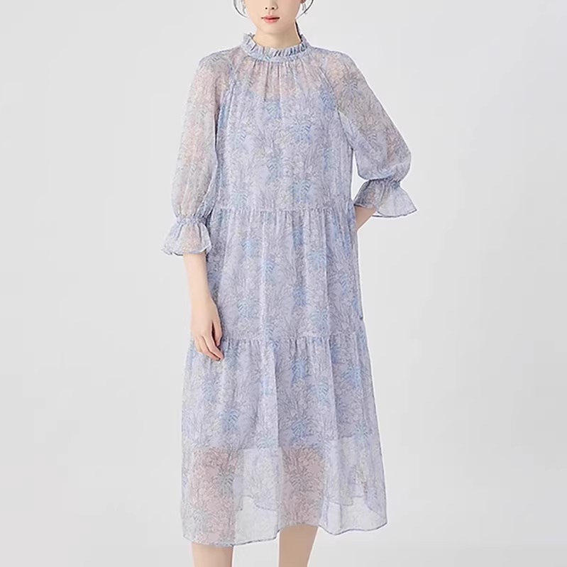 哥家商场同款2025夏季新款木耳领泡泡袖印花连衣裙附内衬女150008