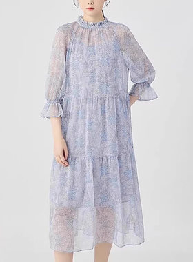 哥家商场同款2025夏季新款木耳领泡泡袖印花连衣裙附内衬女150008