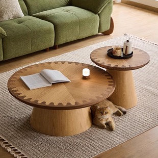 中古风复古咖啡纯实木茶几家用圆形组合茶几边几轻奢艺术小茶几