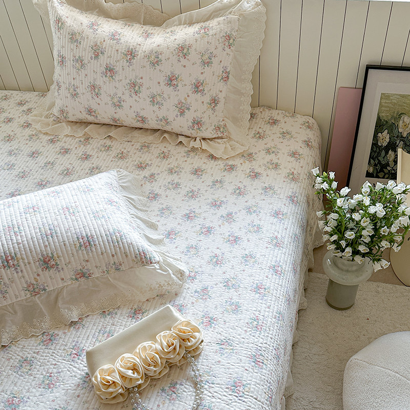 法式花边全棉双层纱床盖三件套绗缝夹棉单双人加厚床单小碎花床垫