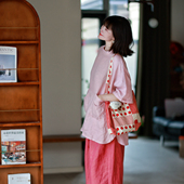 2026夏季 新品 亚麻大口袋休闲小圆领五分袖 墨黛原创女装 T恤衫 上衣