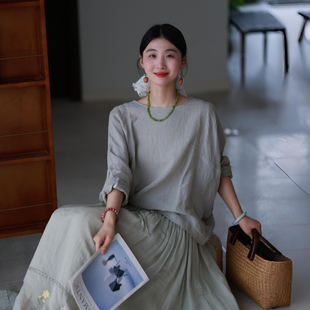 法国进口生态色织亚麻织蝙蝠袖 2026夏季 上衣 兰草 墨黛原创女装
