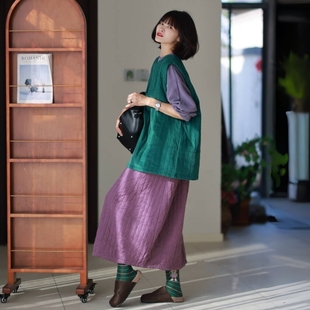 绗缝夹棉灯芯绒圆领无袖 新品 柔软百搭纯棉马甲 秋季 墨黛原品女装