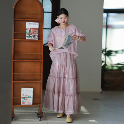 墨黛原创女装2025夏季新品苎麻轻薄木耳花边蕾丝文艺大摆半身裙