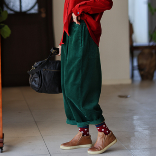 墨黛原创2025秋冬新品 祖母绿灯芯绒匹马棉百搭厚实显瘦休闲萝卜裤