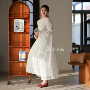 洋装 墨黛原品春款 浪漫蕾丝连衣裙重工压褶连衣裙长袖 法式 长裙 新品