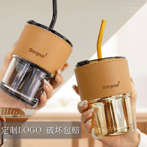 网红竹节杯水杯定制logo吸管玻璃杯子印字咖啡杯水杯活动开业礼品