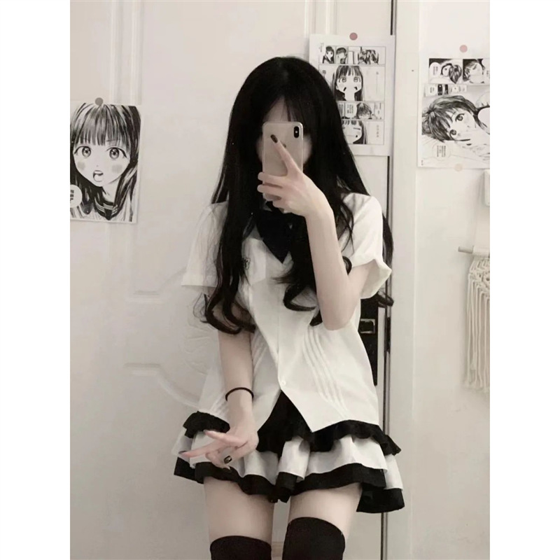 衬衣+蛋糕半身裙两件套夏软妹短袖衬衫女日系套装学生jk制服上衣