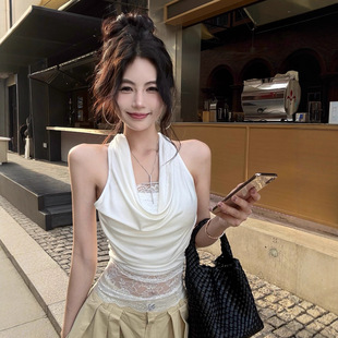 蕾丝拼接荡领挂脖背心女夏季纯欲风性感辣妹内搭外穿白色修身上衣
