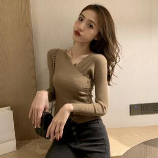 包芯纱新款长袖交叉V领打底衫春夏装Chick百搭设计感小众针织毛衣