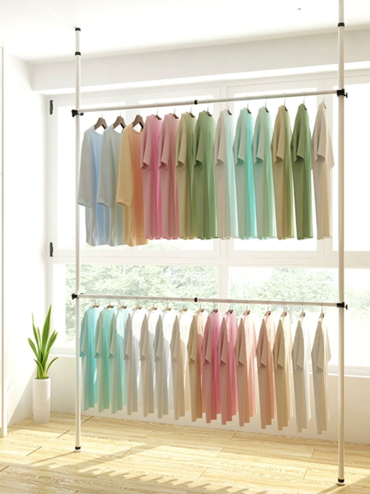 顶天立地晾衣架加粗加厚家用卧室免打孔房间伸缩双支撑杆挂衣服架