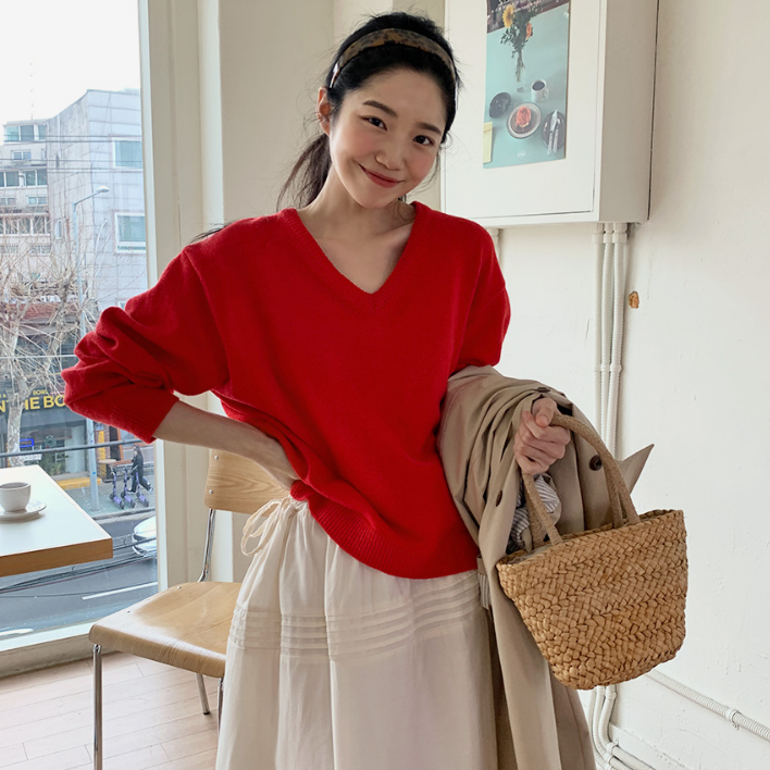 【cuckoo】韩国官网代购 秋新款纯色V领羊毛针织衫 beginning