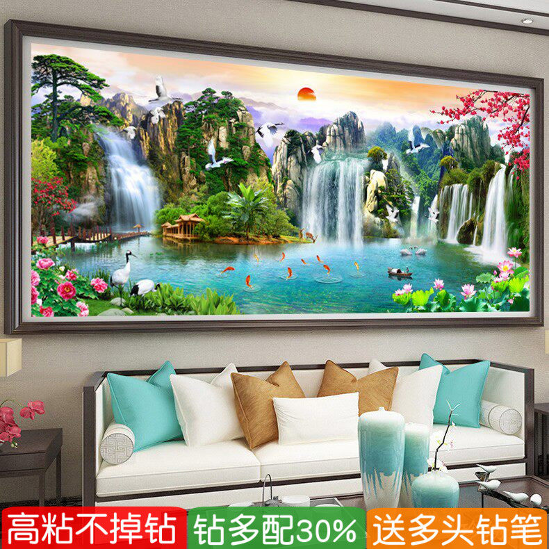 5d聚宝盆钻石画2026新款满钻客厅流水生财点钻十字绣风景黏贴钻画
