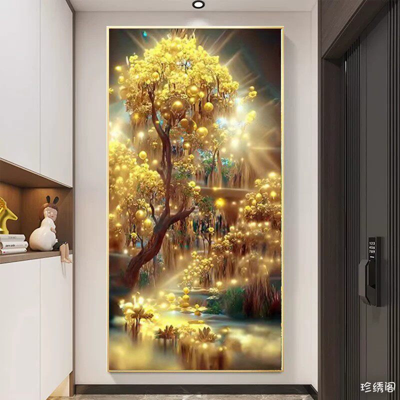玄关钻石画竖版过道新款一树金摇钱树发招财进宝粘砖贴满钻十字绣
