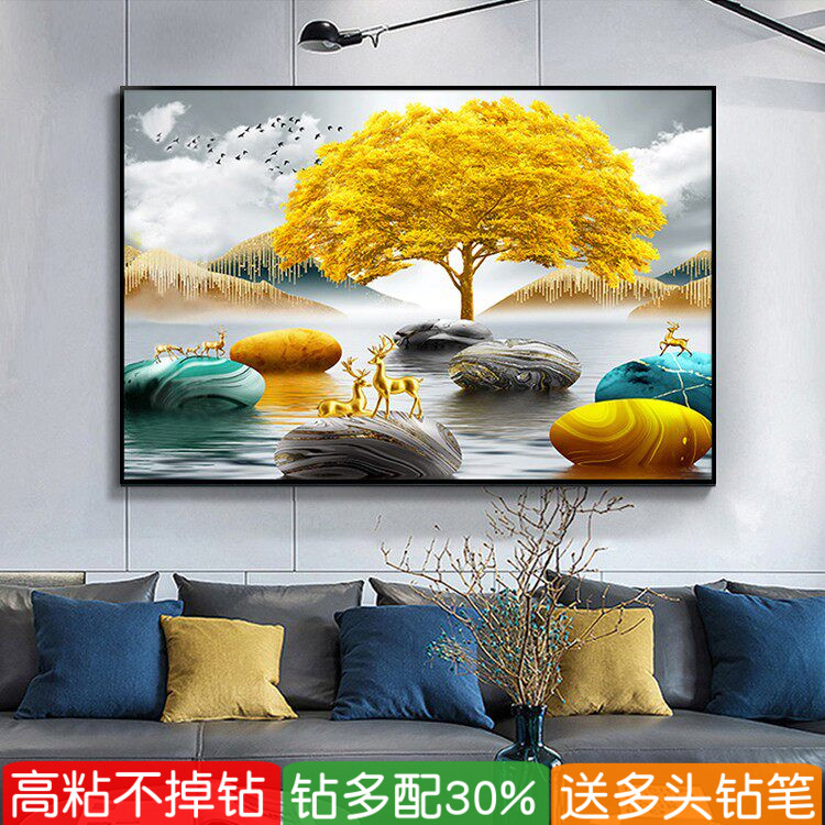 5d手工钻石画2026新款高级感风景招财鹿粘贴十字绣满钻客厅小尺寸图片