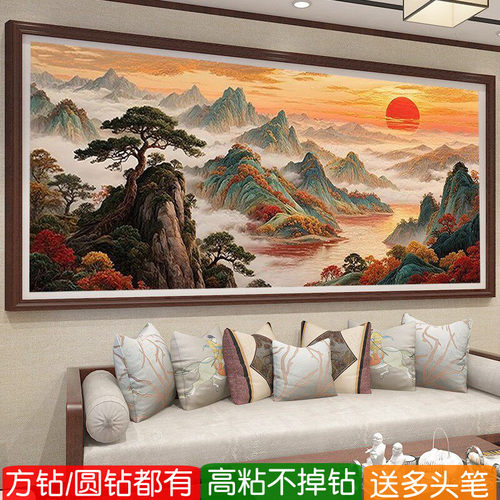 旭日东升5d方钻钻石画2026新款客厅山水风景贴点满钻十字绣迎客松