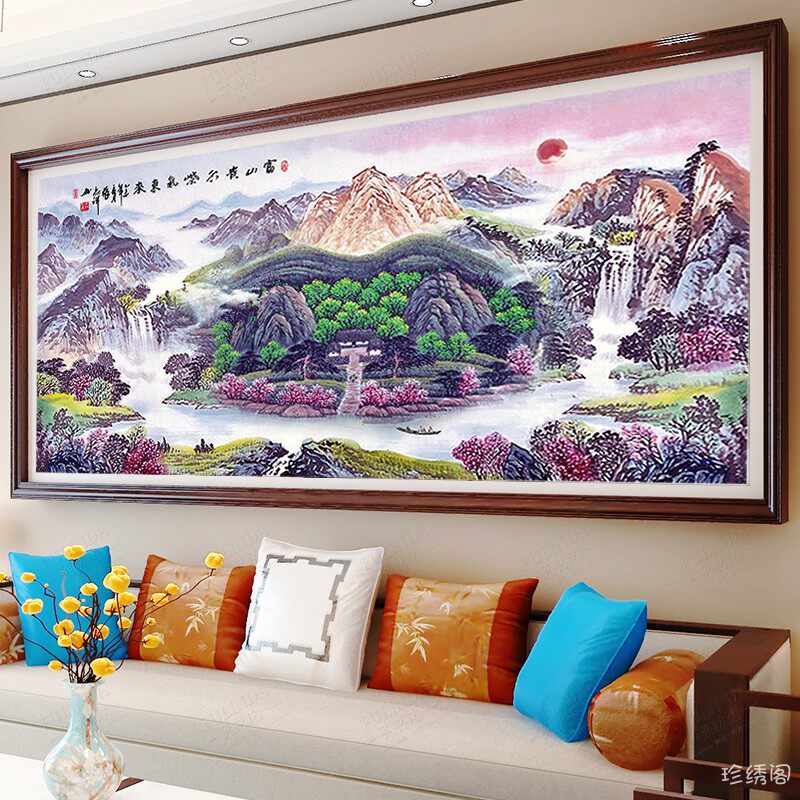 2026新款流水生财钻石画紫气东来满粘贴砖十字绣客厅八方聚财大幅