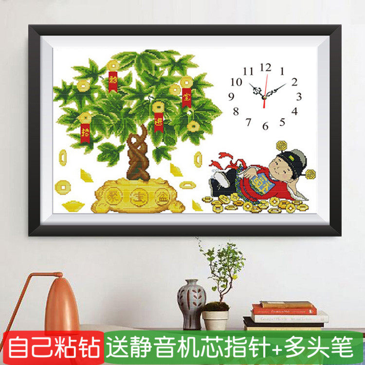 5d手工钟表钻石画财神爷招财摇钱树点砖石秀十字绣时钟贴钻画客厅