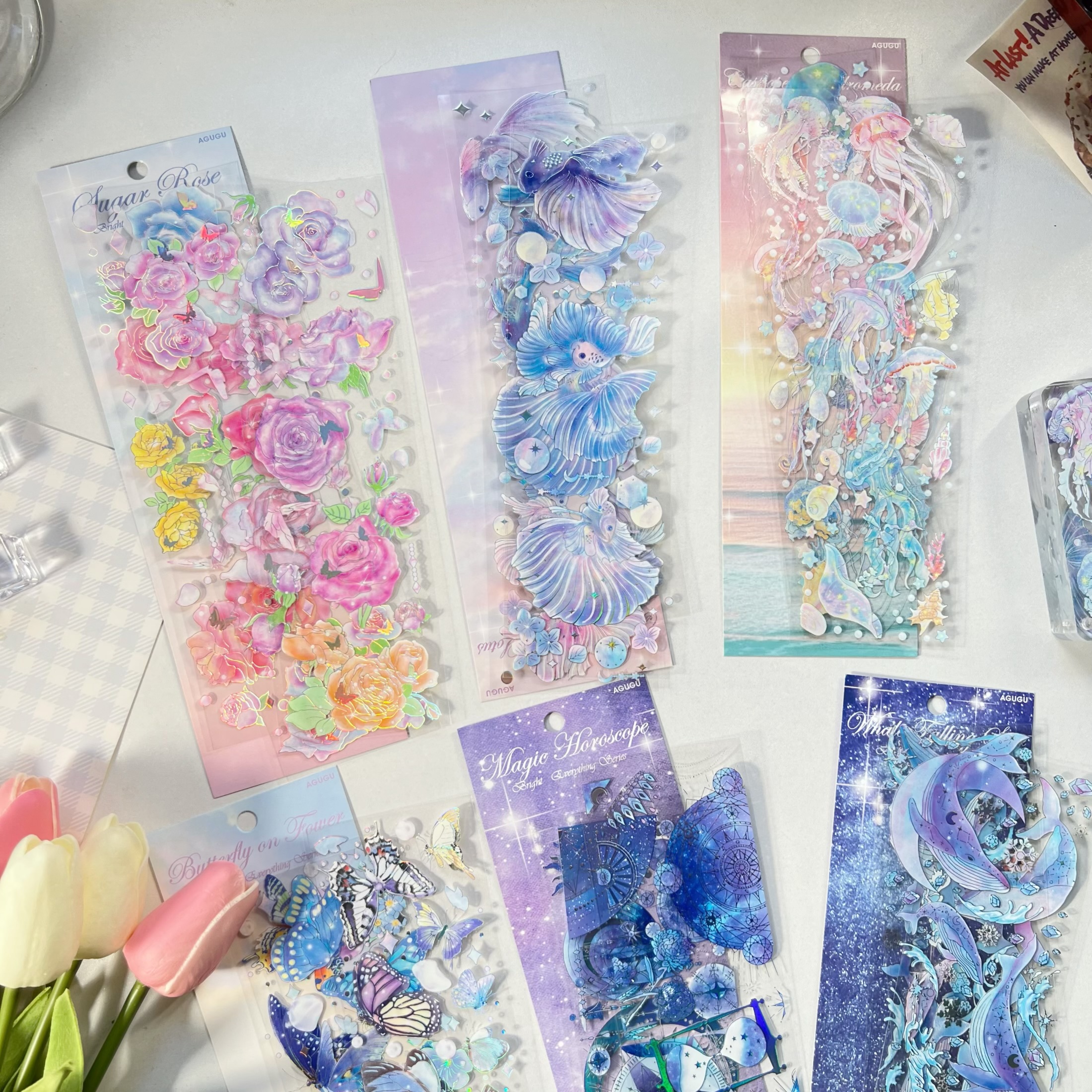 蝴蝶水母立体烫银镭射咕卡贴纸