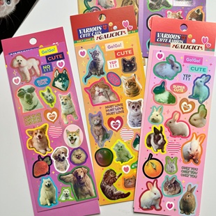 原创美式复古动物咕卡贴纸小猫小狗兔子diy手帐拼贴装饰素材贴画