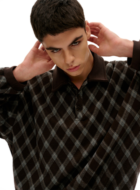 TMOR春夏新款格子菱纹通勤宽松学院风男女同款潮牌翻领polo卫衣