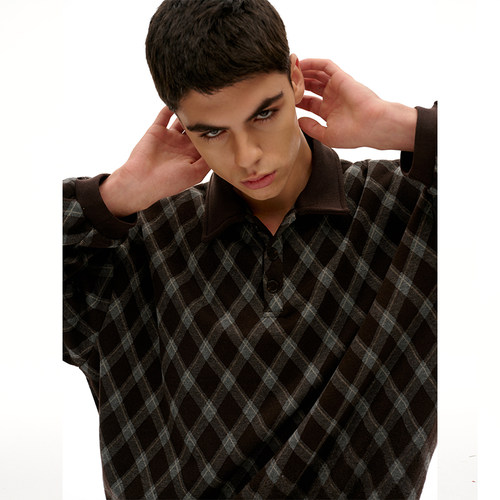 TMOR春夏新款格子菱纹通勤宽松复古日系男女同款潮牌翻领polo卫衣