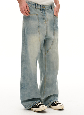 TMOR春夏新款复古时髦慵懒弯刀廓形百搭重工男女同款两色牛仔裤