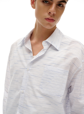 TMOR春夏新款浅白蓝线纹宽松简约长袖衬衫