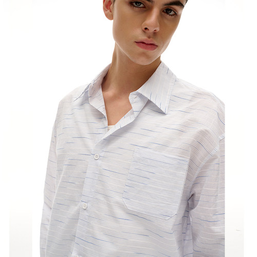 TMOR春夏新款浅白蓝线纹宽松设计感通勤简约纯棉长袖衬衫