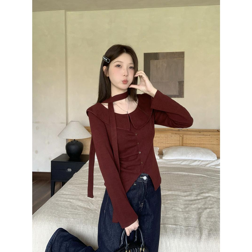 2025秋装新款胖mm大码女法式纯欲荷叶边飘带不规则长袖上衣