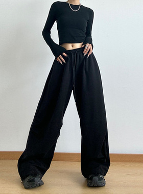 2025春季新款美式黑色运动休闲裤女束脚跳舞工装阔腿垂感宽松卫裤