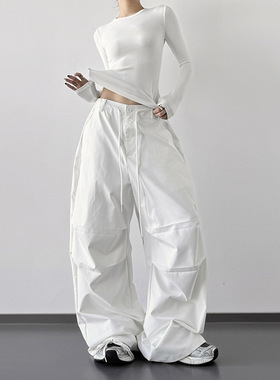 2025早秋新款美式复古工装裤女秋季宽松显瘦直筒阔腿休闲白色裤子