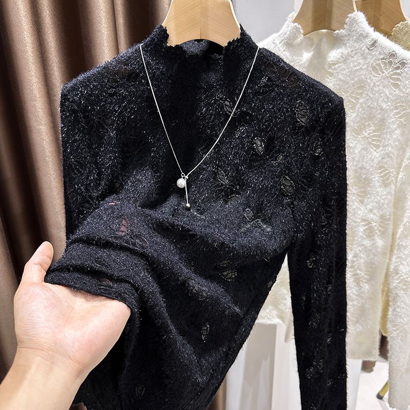 大码蝴蝶蕾丝长袖打底衫女裝胖mm秋冬半高领软糯磨毛内搭t恤上衣