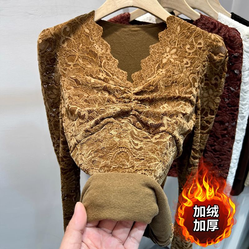 大码加绒加厚长袖蕾丝衫女裝胖mm秋冬季植绒V领网纱内搭t恤打底衫
