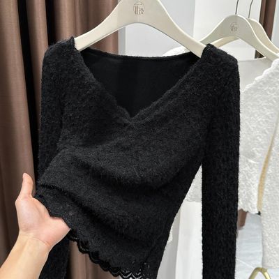 大码加绒加厚v领蕾丝打底衫女裝胖mm秋冬磨毛软糯保暖内搭t恤上衣