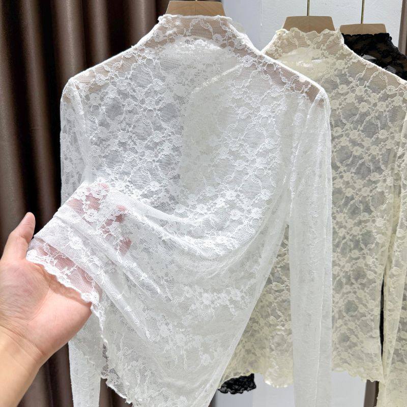 大码蕾丝网纱打底衫女裝胖mm秋冬半高领镂空花纹薄款内搭t恤上衣