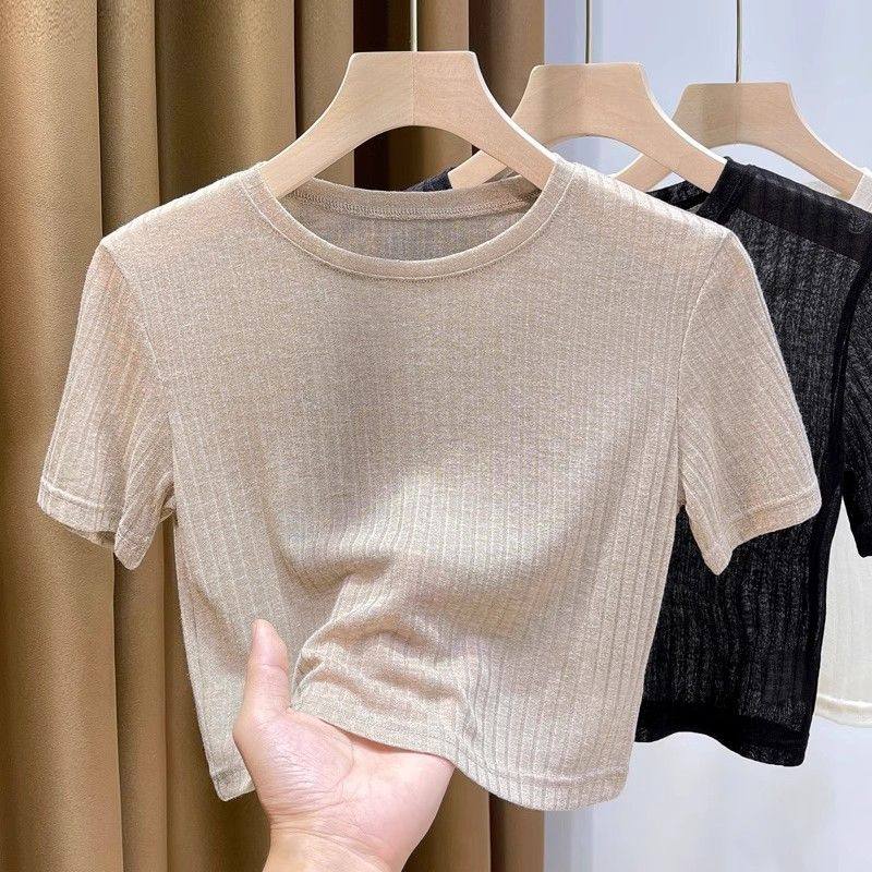 大码冰丝短袖t恤女装胖mm夏季内搭薄款打底衫高腰露脐透视短上衣